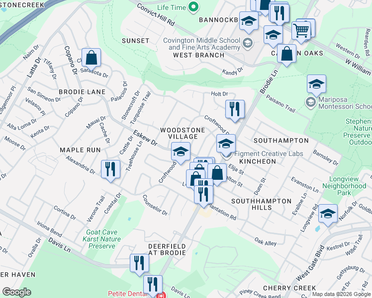 map of restaurants, bars, coffee shops, grocery stores, and more near 7906 Wycombe Drive in Austin