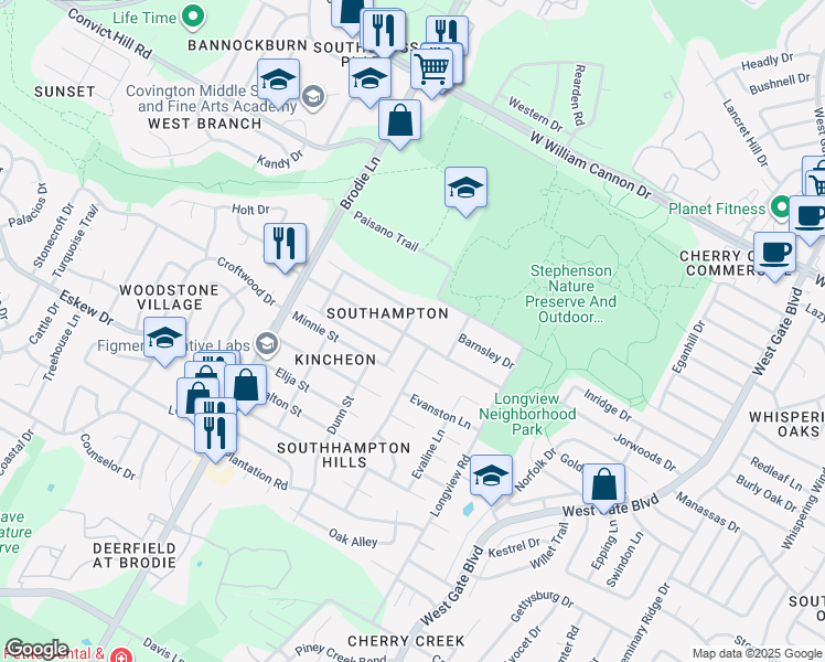 map of restaurants, bars, coffee shops, grocery stores, and more near 7506 Calumet Cove in Austin