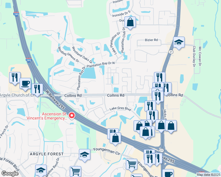 map of restaurants, bars, coffee shops, grocery stores, and more near 6371 Collins Road in Jacksonville
