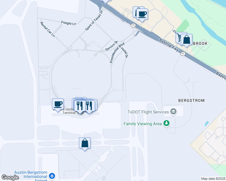map of restaurants, bars, coffee shops, grocery stores, and more near 3600 Presidential Boulevard in Austin