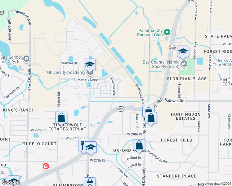 map of restaurants, bars, coffee shops, grocery stores, and more near 3716 Airport Drive in Panama City