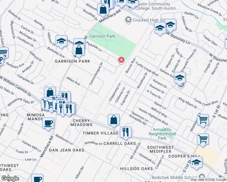 map of restaurants, bars, coffee shops, grocery stores, and more near 1624 Chippeway Lane in Austin