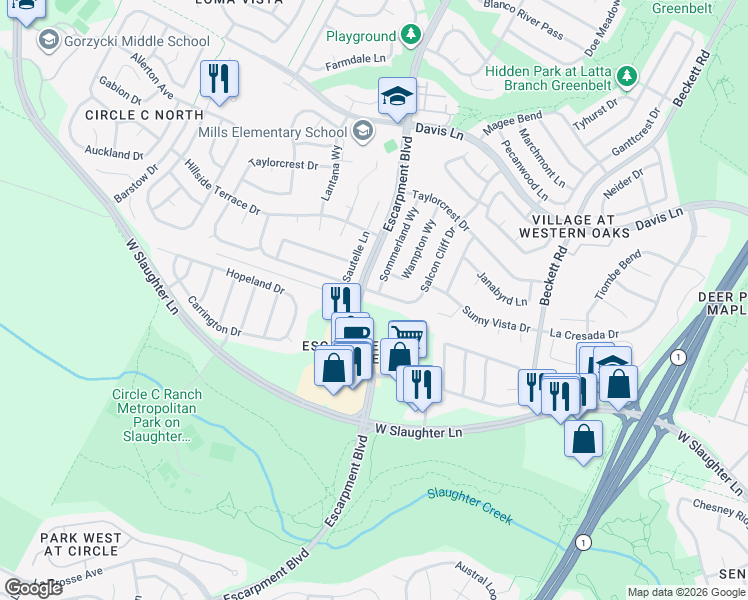 map of restaurants, bars, coffee shops, grocery stores, and more near 6015 Salcon Cliff Drive in Austin