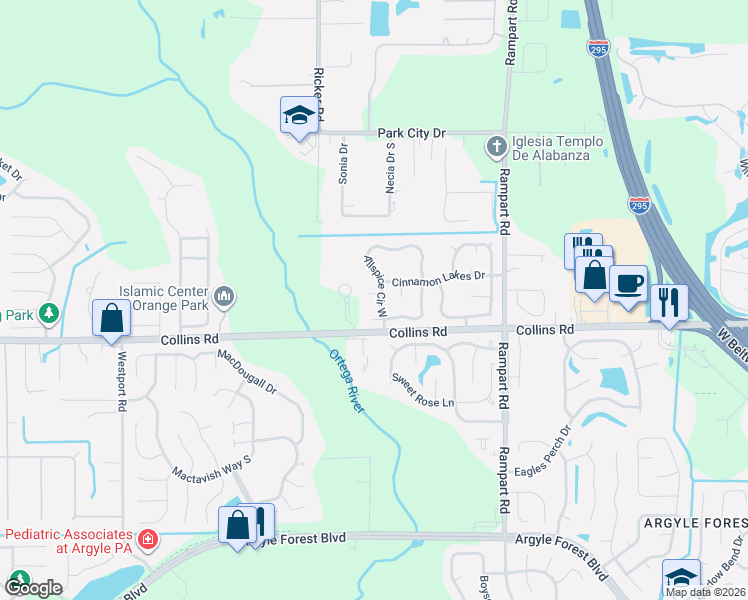 map of restaurants, bars, coffee shops, grocery stores, and more near 7569 Coriander Court in Jacksonville