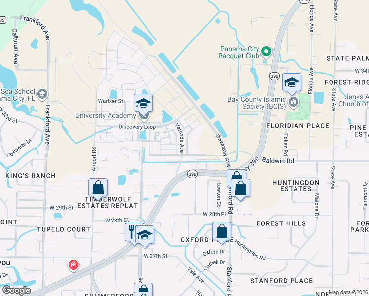 map of restaurants, bars, coffee shops, grocery stores, and more near 3716 Airport Drive in Panama City