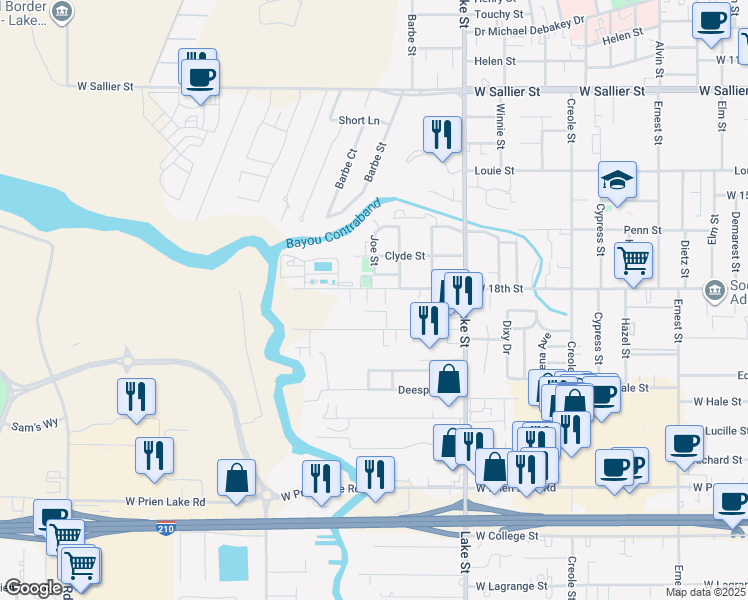 map of restaurants, bars, coffee shops, grocery stores, and more near 1095 West 18th Street in Lake Charles