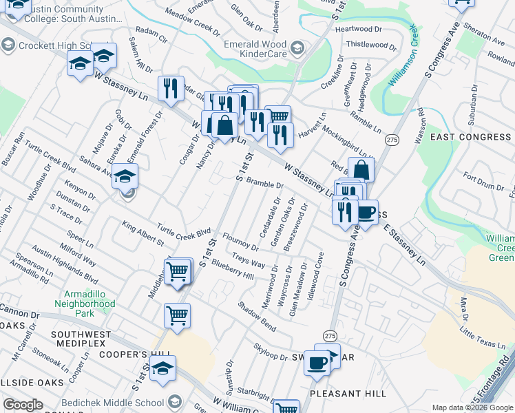 map of restaurants, bars, coffee shops, grocery stores, and more near 5710 Blythewood Drive in Austin