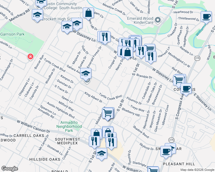 map of restaurants, bars, coffee shops, grocery stores, and more near 820 Sahara Avenue in Austin