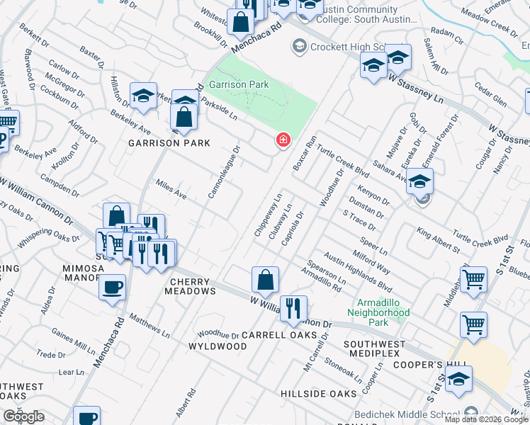 map of restaurants, bars, coffee shops, grocery stores, and more near 1624 Chippeway Lane in Austin