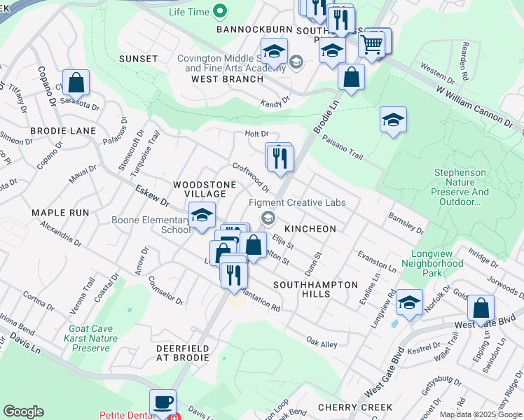 map of restaurants, bars, coffee shops, grocery stores, and more near 7704 Brodie Lane in Austin