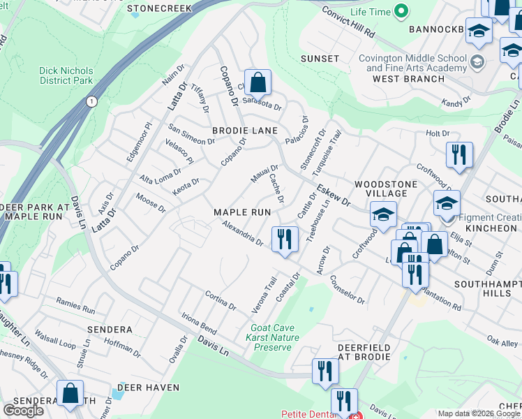 map of restaurants, bars, coffee shops, grocery stores, and more near 8301 Washita Drive in Austin