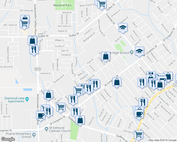 map of restaurants, bars, coffee shops, grocery stores, and more near 704 Downing Street in Lafayette