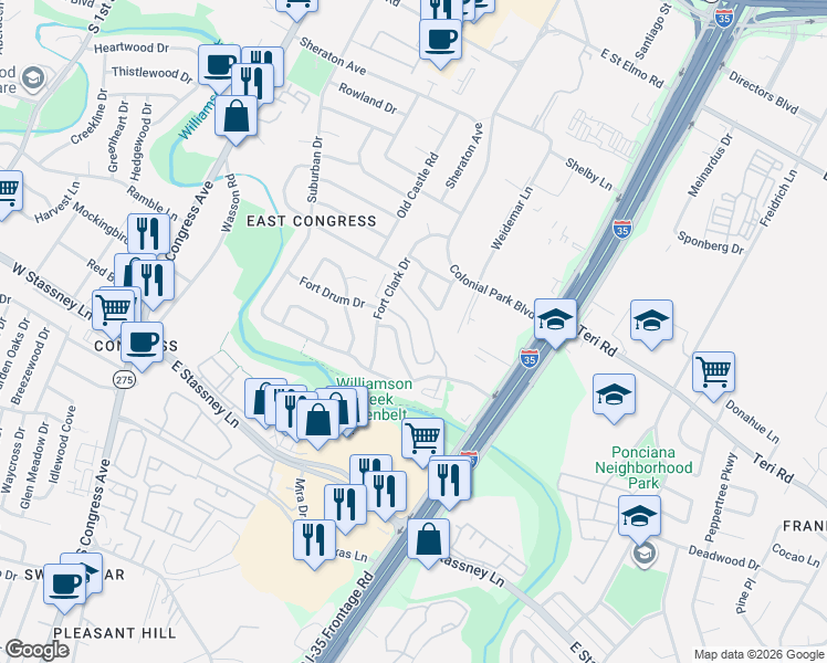 map of restaurants, bars, coffee shops, grocery stores, and more near 5127 Fort Clark Drive in Austin