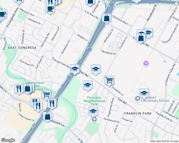 map of restaurants, bars, coffee shops, grocery stores, and more near 1700 Teri Road in Austin