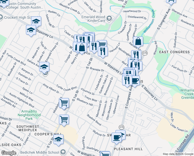 map of restaurants, bars, coffee shops, grocery stores, and more near 5710 Cedardale Drive in Austin