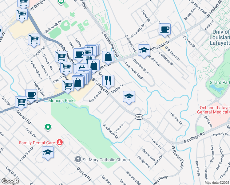 map of restaurants, bars, coffee shops, grocery stores, and more near 201 South College Road in Lafayette