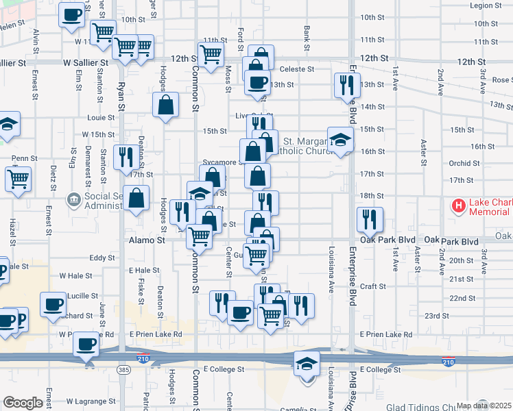 map of restaurants, bars, coffee shops, grocery stores, and more near 2708 Kirkman Street in Lake Charles