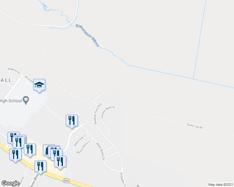 map of restaurants, bars, coffee shops, grocery stores, and more near 301 Johnson Bayou Drive in Panama City Beach