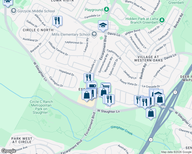 map of restaurants, bars, coffee shops, grocery stores, and more near 6015 Salcon Cliff Drive in Austin