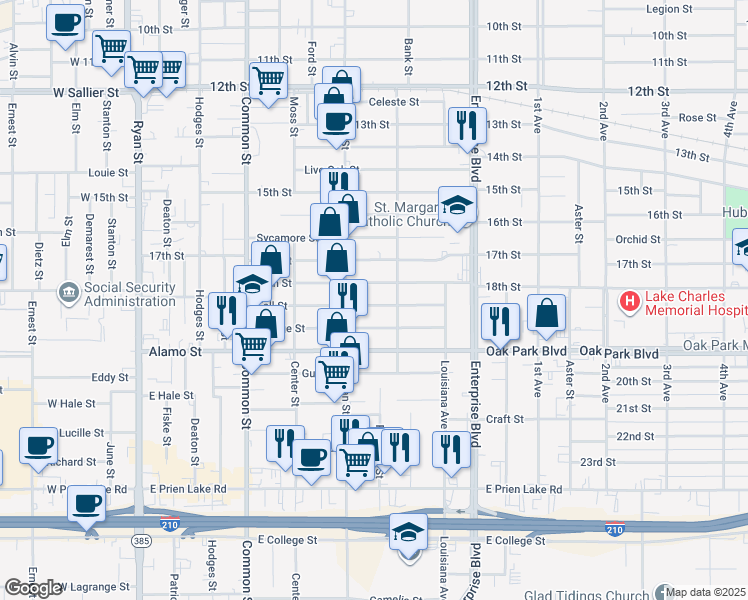 map of restaurants, bars, coffee shops, grocery stores, and more near 903 Fall Street in Lake Charles