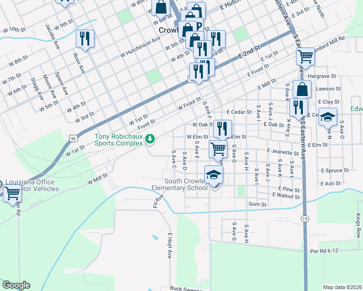 map of restaurants, bars, coffee shops, grocery stores, and more near 619 West Mill Street in Crowley