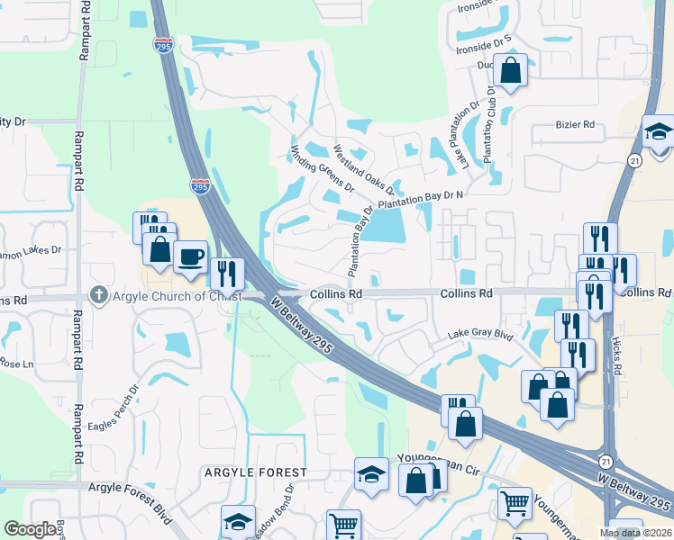 map of restaurants, bars, coffee shops, grocery stores, and more near 7740 Plantation Bay Drive in Jacksonville