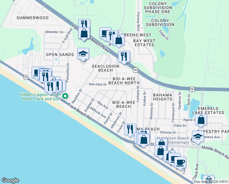 map of restaurants, bars, coffee shops, grocery stores, and more near 100 Argonaut Street in Panama City Beach