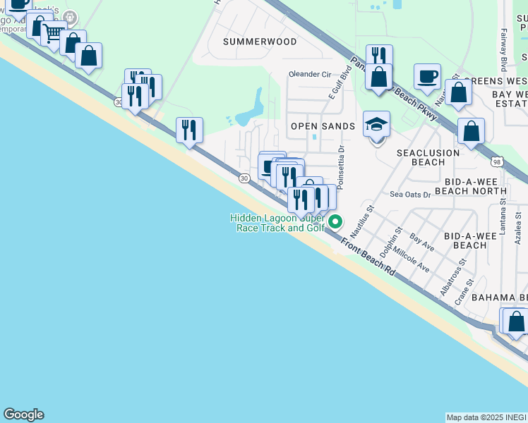 map of restaurants, bars, coffee shops, grocery stores, and more near 14701 Front Beach Road in Panama City Beach