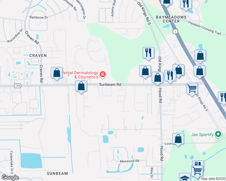 map of restaurants, bars, coffee shops, grocery stores, and more near 4772 Sunbeam Road in Jacksonville