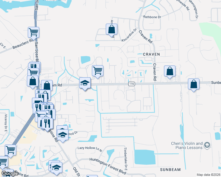 map of restaurants, bars, coffee shops, grocery stores, and more near 4235 Sunbeam Road in Jacksonville