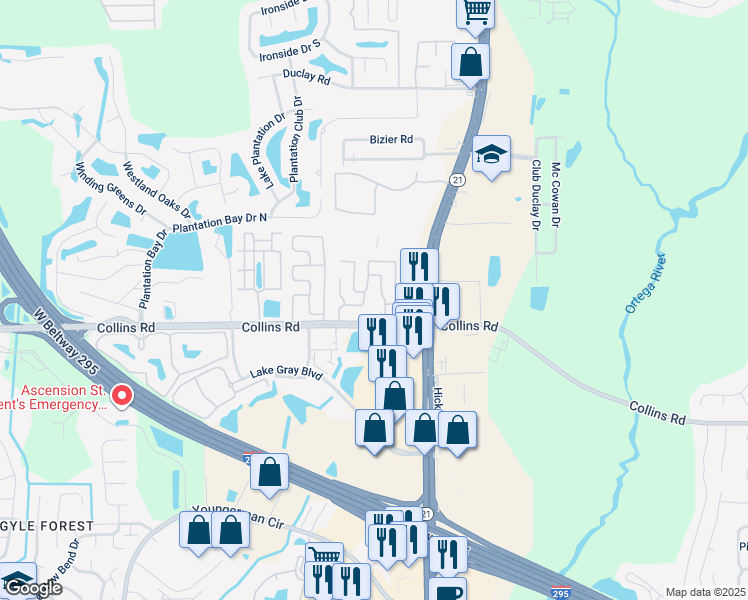 map of restaurants, bars, coffee shops, grocery stores, and more near Ln B in Jacksonville