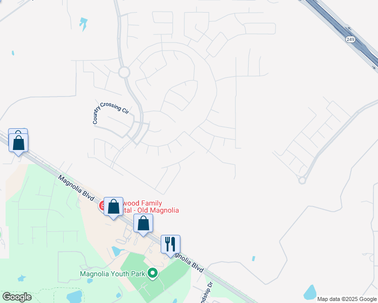 map of restaurants, bars, coffee shops, grocery stores, and more near 119 Noble View Court in Magnolia
