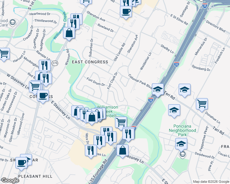 map of restaurants, bars, coffee shops, grocery stores, and more near 5127 Fort Clark Drive in Austin