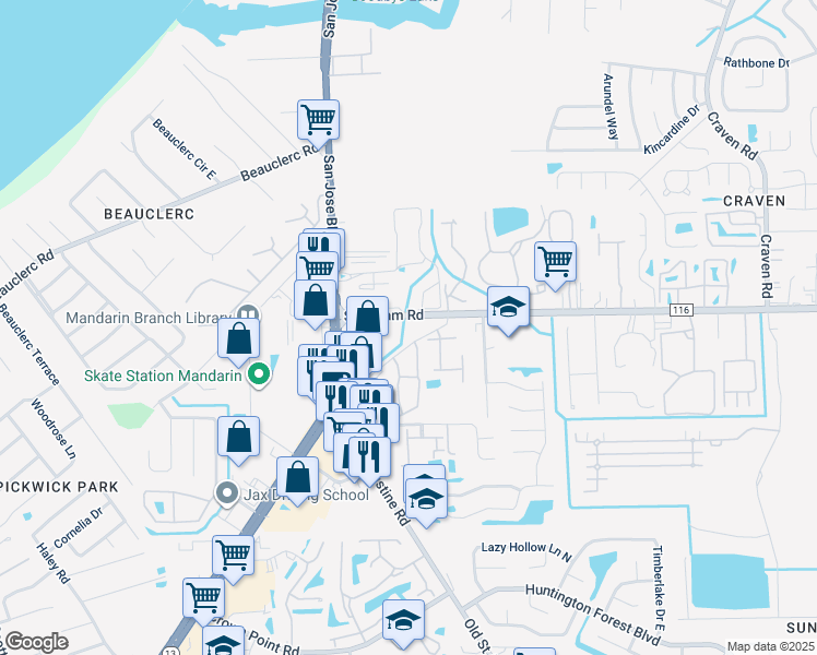 map of restaurants, bars, coffee shops, grocery stores, and more near 3820 Sunbeam Road in Jacksonville