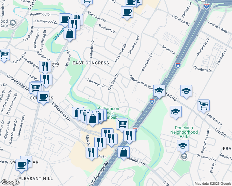 map of restaurants, bars, coffee shops, grocery stores, and more near 5127 Fort Clark Drive in Austin
