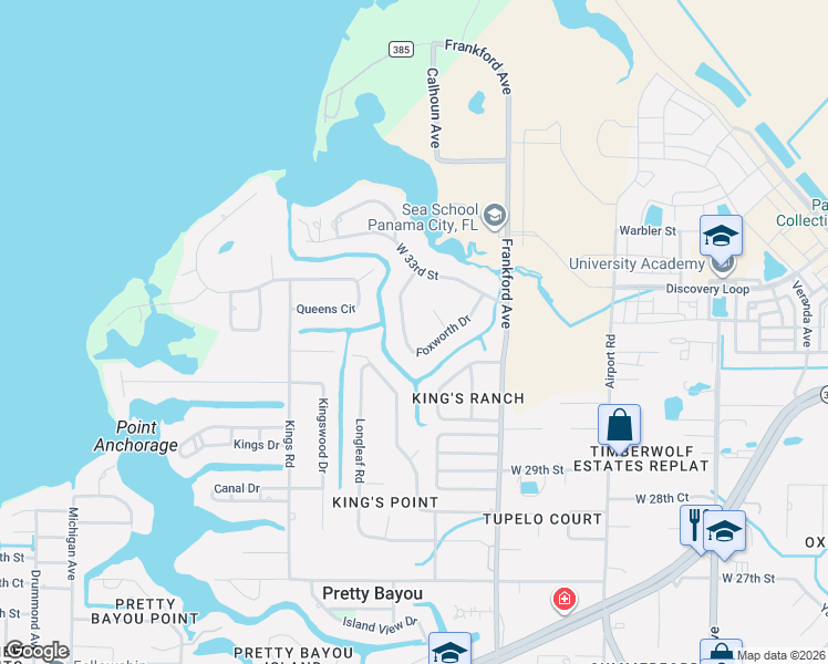 map of restaurants, bars, coffee shops, grocery stores, and more near 2356 Foxworth Drive in Panama City