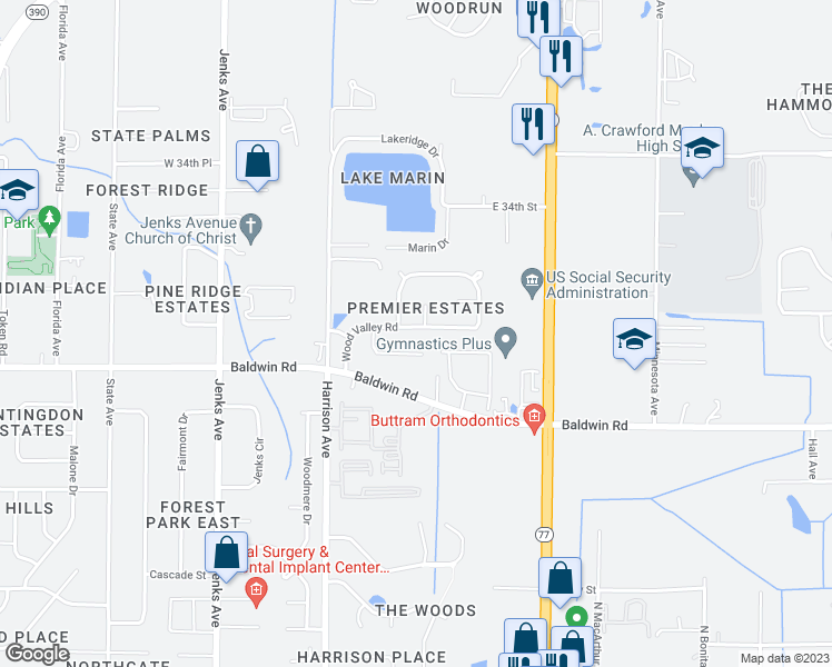 map of restaurants, bars, coffee shops, grocery stores, and more near 3130 Wood Valley Road in Panama City