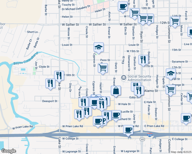 map of restaurants, bars, coffee shops, grocery stores, and more near 409 W 18th St in Lake Charles