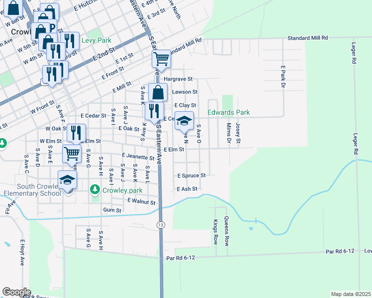 map of restaurants, bars, coffee shops, grocery stores, and more near 999 East Elm Street in Crowley