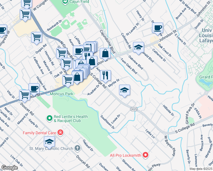 map of restaurants, bars, coffee shops, grocery stores, and more near 117 South College Road in Lafayette