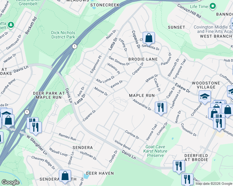 map of restaurants, bars, coffee shops, grocery stores, and more near 8509 Copano Drive in Austin