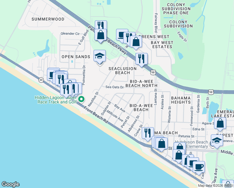 map of restaurants, bars, coffee shops, grocery stores, and more near 188 Crane Street in Panama City Beach