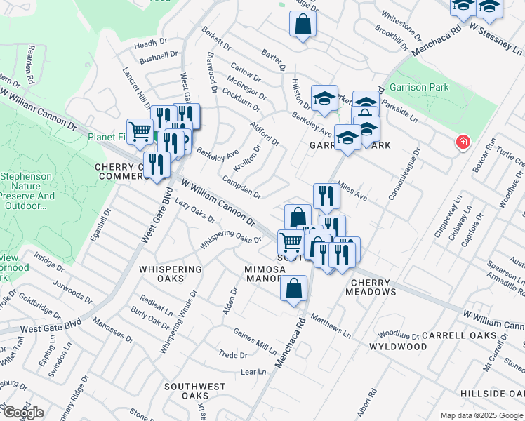 map of restaurants, bars, coffee shops, grocery stores, and more near 2500 West William Cannon Drive in Austin
