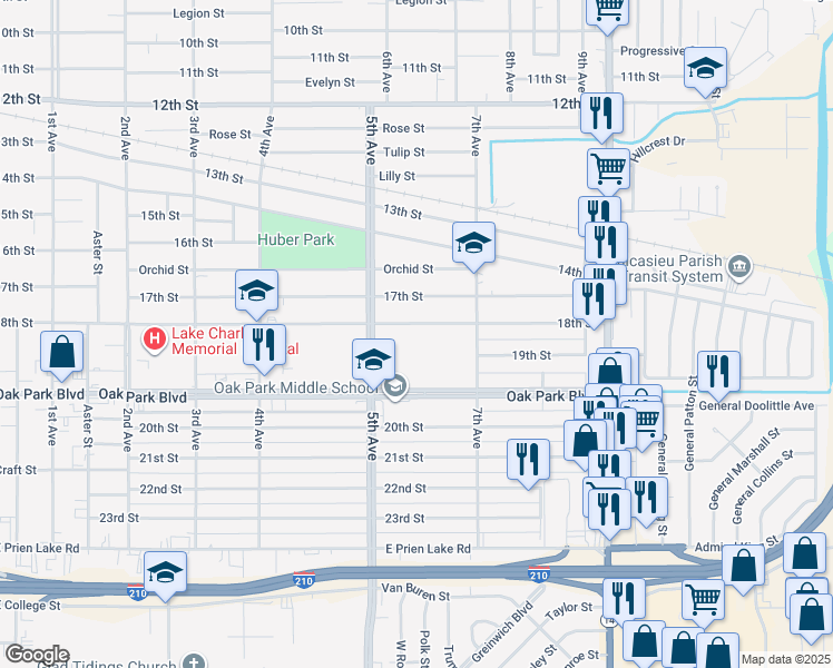 map of restaurants, bars, coffee shops, grocery stores, and more near 2234 18th St in Lake Charles