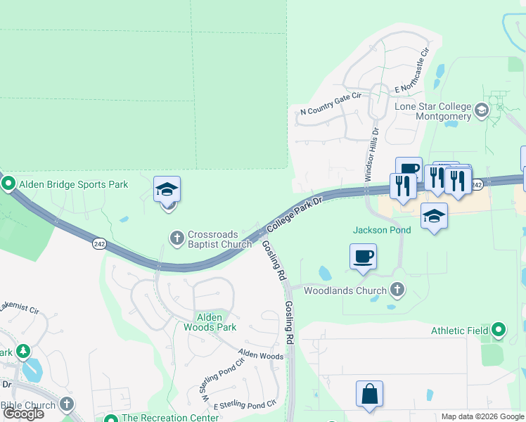 map of restaurants, bars, coffee shops, grocery stores, and more near 4102 College Park Drive in Conroe