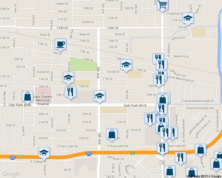 map of restaurants, bars, coffee shops, grocery stores, and more near 2234 18th St in Lake Charles