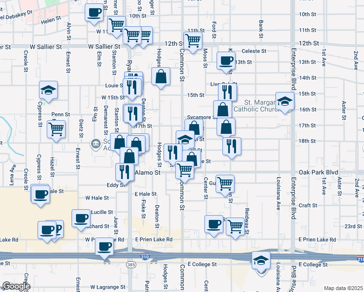 map of restaurants, bars, coffee shops, grocery stores, and more near 599 18th St in Lake Charles
