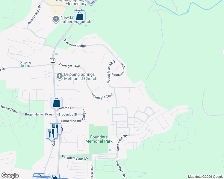 map of restaurants, bars, coffee shops, grocery stores, and more near 114 Fort Sumner Street in Dripping Springs