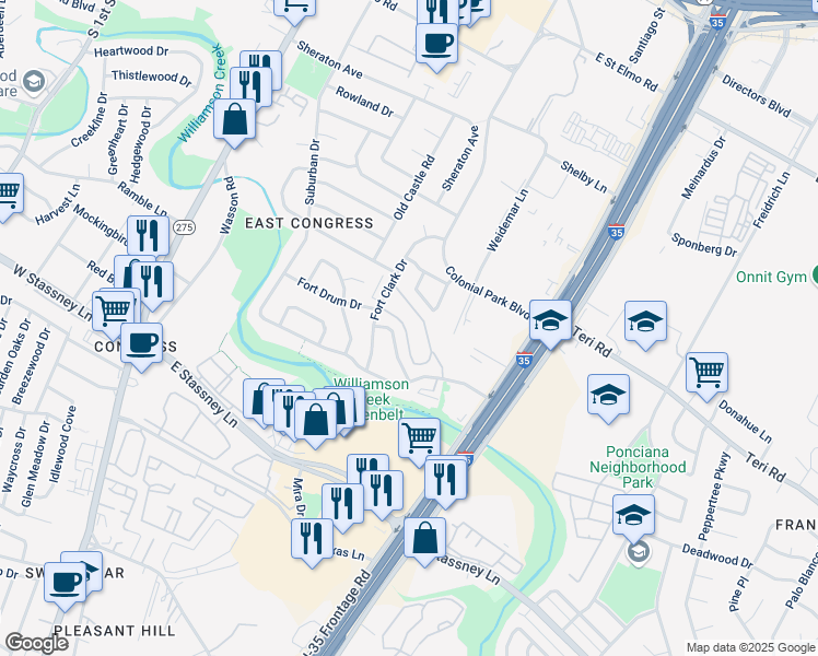 map of restaurants, bars, coffee shops, grocery stores, and more near 5127 Fort Clark Drive in Austin
