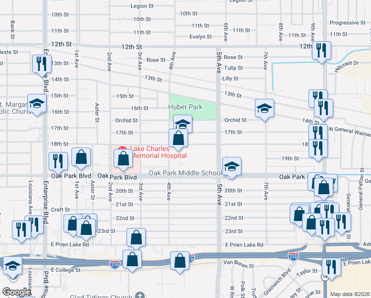 map of restaurants, bars, coffee shops, grocery stores, and more near 2032 18th Street in Lake Charles